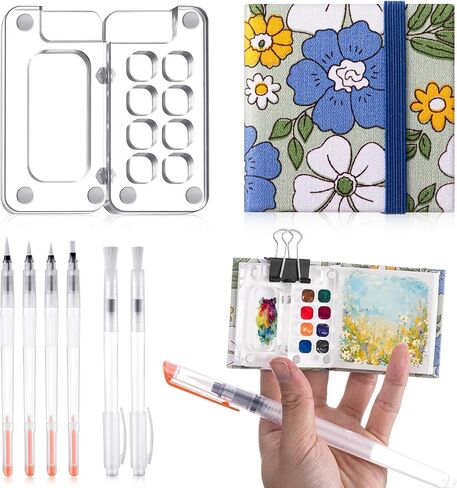 Chiisong 12 Pcs Mini Portable Watercolor Palette Set Including Acrylic 8 Grid Paint Box Watercolor Paper Pad Sketchbook 6 Paint Brushes 4 Binder Clips for Painters Artists Students(Summer Flowers) in Saudi Arabia