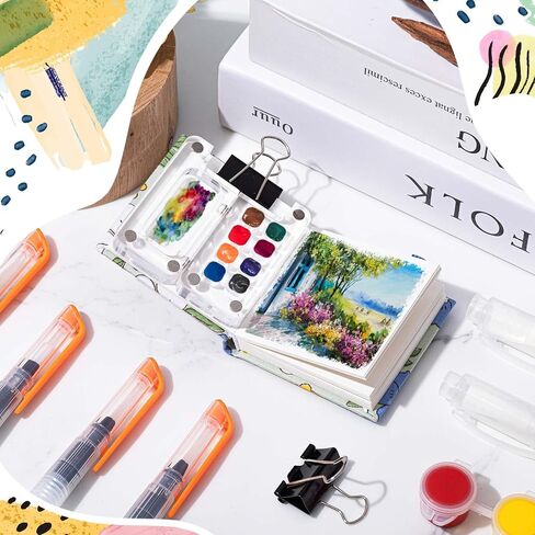 Chiisong 12 Pcs Mini Portable Watercolor Palette Set Including Acrylic 8 Grid Paint Box Watercolor Paper Pad Sketchbook 6 Paint Brushes 4 Binder Clips for Painters Artists Students(Summer Flowers) in Saudi Arabia