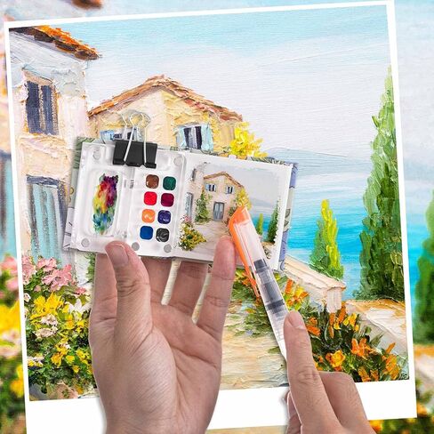 Chiisong 12 Pcs Mini Portable Watercolor Palette Set Including Acrylic 8 Grid Paint Box Watercolor Paper Pad Sketchbook 6 Paint Brushes 4 Binder Clips for Painters Artists Students(Summer Flowers) in Saudi Arabia