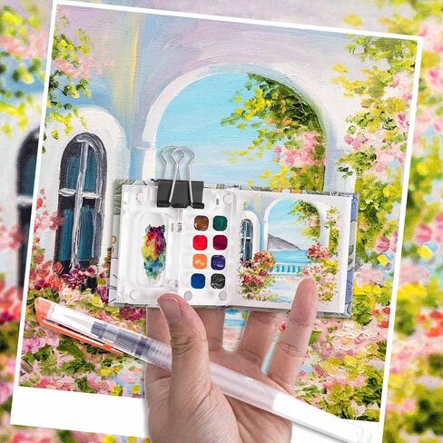 Chiisong 12 Pcs Mini Portable Watercolor Palette Set Including Acrylic 8 Grid Paint Box Watercolor Paper Pad Sketchbook 6 Paint Brushes 4 Binder Clips for Painters Artists Students(Summer Flowers) in Saudi Arabia