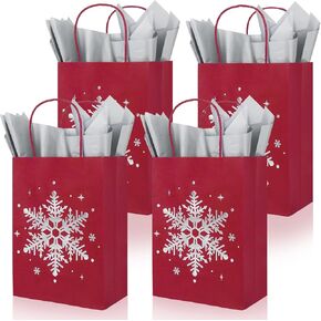 Whaline 24Pcs Christmas Kraft Paper Bags with 30 Sheets Silver Tissue Paper Blue Silver Snowflake Gift Bags with Handles Candy Treat Bags for Winter Xmas Party Supplies