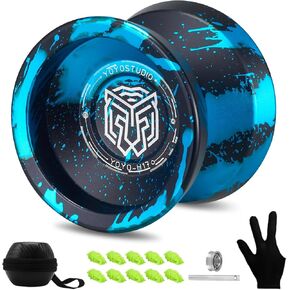 Yoyo Professional Responsive Yoyo H17, Dual Purpose Metal Yoyo for Kids Beginner, Unresponsive Yo yo Bearing for Adults with Removal Bearing Tool, 10 String, Case & Glove (Black and Blue)