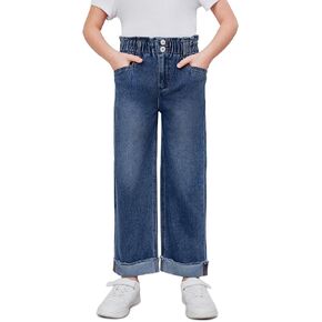 Haloumoning Girls Jeans Kids Baggy Elastic Waist Wide Leg Denim Pants with Pockets 4-14 Years