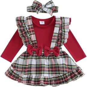 COORALLY Baby Girls Plaid Overall Skirt Set Long Sleeve Romper Plaid Suspender Skirt Headband Christmas Outfit Sets