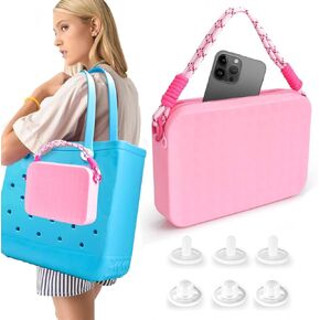 CONLI Silicone Phone Holder Organizer with Lanyard Large, Pouch for Bogg Bag Phone Holder Compatible with iPhone 14/15 Pro Max Phone, Insert Cell Phone Holder for Bogg Bag Accessories Pink
