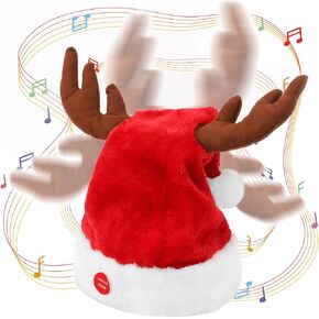 Singing and Dancing Electric Santa Hat with Reindeer Antlers - Funny Novelty Musical Interactive Swinging Christmas Hats Waving and Singing for Adults Kids Xmas Gift