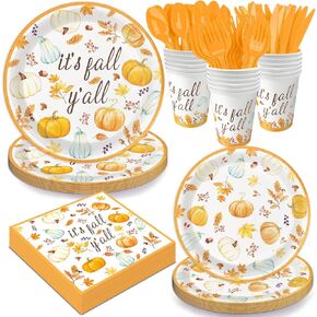 Oigco 168 PCS Fall Party Plates and Napkins Party Supplies Autumn Farm Tableware for Pumpkin Fall Decorations Fall Disposable Dinnerware Set Including Plates, Cups, Napkins, and Cutlery, Serves 24