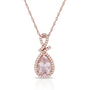 14K Rose Gold Genuine Morganite 9x6mm Pear Shape Diamond Pendant Necklace