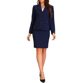 Allegra K Women's 2 Piece Business Suit Collared Button Down Blazer Pencil Skirt Work Skirt Set