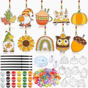 WinnerWhy 30 Sets Fall Suncatchers Window Art Kits, Autumn Leaf Pumpkin Acorn DIY Sun Catchers Crafts Bulk Window Paint Art Ornaments for Thanksgiving Harvest Classroom Home Party Activity