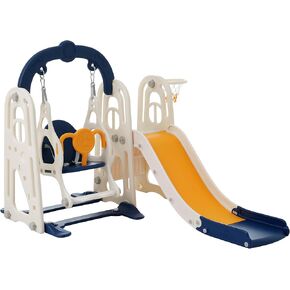 3 in 1 Toddler and Swing Set Climber Playset with Basketball Hoop Freestanding Indoor Outdoor Playground for Kids Blue+Yellow One Size