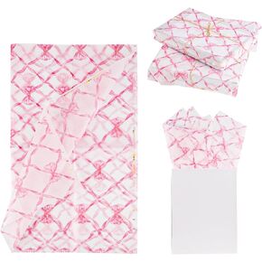30pcs Pink Net Bow Tie Print Tissue Paper, 14x20 Inch Packaging Tissue Paper Gift Wrap Paper Bow Wrapping Paper Sheets for Birthday Wedding Gift Packing Bag