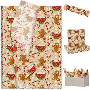 JarThenaAMCS 100 Sheets Christmas Tissue Paper Gingerbread Man Candy Cane Art Tissue Wrapping Paper for Xmas Winter DIY Crafts Gift Packing, 14 x 20 Inch