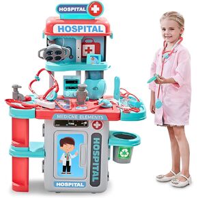 Doctor Kit for Kids 3-5, Toddler Doctor Play Set with Rolling Cart, Costume, and Stethoscope, Role Play Kids Doctors Play Set (LX-Blue)