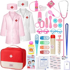 Doctor Kit for Toddlers 3-5, 37 Pcs Kids Doctors Play Set with 2 Costumes & Real Stethoscope, Doctor Toy Pretend Play Medical Set for Boys Girls, Christmas Birthday Gifts Kids Toys for Ages 2-4 6-8