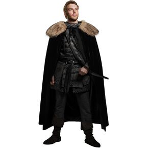 Joukavor Black Velvet Cloak with Detachble Viking Fur Collar Medieval Fur Cape