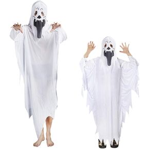 Adults Kids White Scary Halloween Ghost Costume Robe Demon Devil Mask Hooded Cloak Cape Cosplay Costume Outfit Accessories