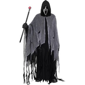 Invoibler Halloween Costumes Hooded Medieval Cloak for Men Women Scary Cape with Scepter Cosplay for Adult Party Props