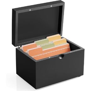 DRASTAR Index Card Holder, 3x5 Index Card Box, Wooden Index Card Organizer with 45 Index Card Dividers, Flashcard Notecard Holders for Home Office, Black
