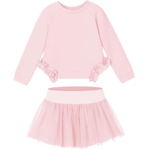 Haloumoning Girls Skirt Set Kids Cute Long Sleeve Ruffle Trim Sweatshirt and Tutu Tulle Skirt 2 Piece Outfits