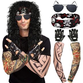 FOVER 80s Wigs for Mens Wig Long Black Wig for 70s 80s Costume Men Women Black Curly Wavy Wigs for Mullet Rocker Costume with Accessories FE035BK