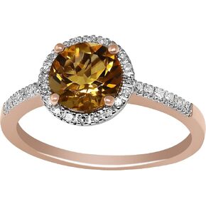 14K Rose Gold Genuine Citrine 7mm Round, Diamond Halo Ring. Size 7