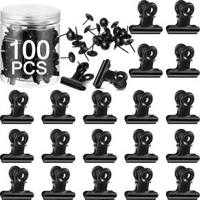 100 Pcs Black Metal Clips with 100 Pcs Push Pins Heavy Duty Clips with Pins Picture Hanging Clips for Bulletin Board Cork Board Wall Decorations Paper Photo Crafts Office Projects