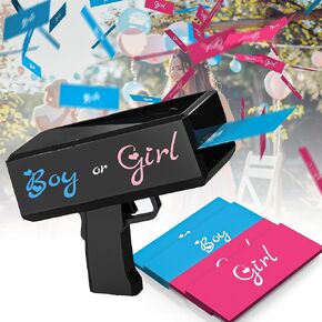Gender Reveal Money Gun Shooter with Pink and Blue Prop, Handheld Spray Gun Fake Gun for Gender Reveal Party