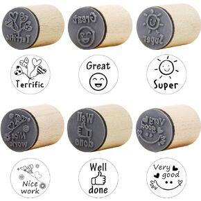 happylain 6 PCS Round Wood Rubber Stamp for School Teachers English Toy Stamp