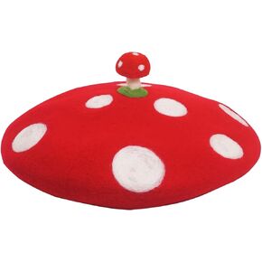 Mushroom Beret with Little Mushroom Cosplay Handmade Wool Felt Vintage Artist Hat Classic Cap for Women Halloween Decor Xmas Gift Red
