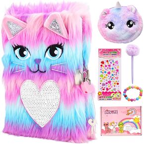 Dairy with Lock and keys for Girls, Gift for 6 7 8-12 Years Old Girl Plush Secret Notebook, Fuzzy Journal Set with Coin Purse, Plush Pen, Bracelet and Stickers (Cute Lion)