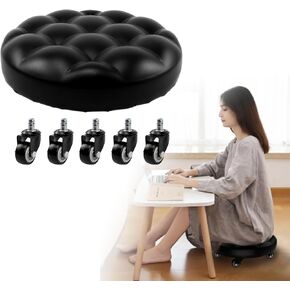 CNQLIS Black Leather Low Roller Seat Bench with Wheelchair Toddler Footrest Low Bench Low Height Rolling Bench with 360° Swivel Casters Home Office Round Car Repair