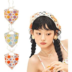 3Pcs Floral Crochet Hair Bandana Tie Knitted Headscarf Cute Clover Flower Vintage Headband for Women Girls Head Kerchief Boho Hair Accessories