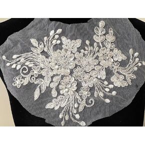 PEPPERLONELY 3D Flower Embroidery Patches Bridal Lace Sewing Fabric Applique Beaded Pearl Tulle, Navy, 24 x 16cm
