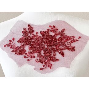 PEPPERLONELY 3D Flower Embroidery Patches Bridal Lace Sewing Fabric Applique Beaded Pearl Tulle, Navy, 24 x 16cm in Kuwait