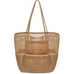 Mesh Beach Tote Bag for women, Women's Pool Bag, Beach Vacation Swimming Family Travel Organizer (Caramel)