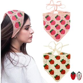 4 PCS Hair Bandanas for Women, Strawberry Head Scarf for Women's Hair with 2 Hair Clips, Knitted Cute Hair Accessories for Stylish Decor, Crochet Headband Hair Scarf for Girls(Pink and Beige)