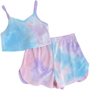 SweatyRocks Girl's Tie Dye 2 Piece Outfits Sleeveless Spaghetti Strap Cami Top and Shorts Set