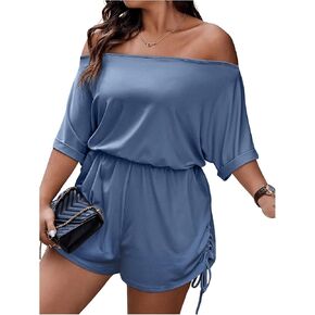 SOLY HUX Women's Plus Size Romper Off Shoulder Short Sleeve Drawstring Side Summer Short Jumpsuit