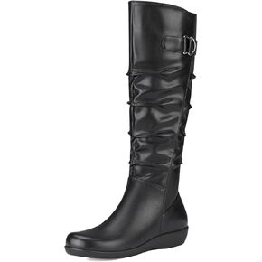 Women's Knee High Slouchy Boots Flat Tall Boots for Women Pull On Fall Boots with Side Zipper