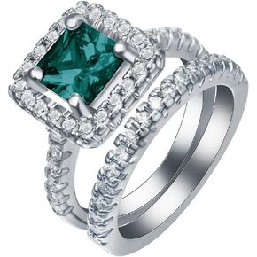 925 Sterling Silver Shiny Full Diamond Gemstone Ring Emerald Ring 18K Gold 2PCS quadrate Cut Cubic Zirconia Promise Rings Set CZ Diamond Multi Row Ring Eternity Engagement Wedding Band Ring Sets（10）