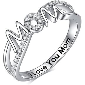 925 Sterling Silver Promise Rings for her Mother's Day Gift Zircon I Love MOM Alphabet Ring MOM Ring Cubic Zirconia Rings CZ Diamond Multi Row Ring Eternity Engagement Wedding Band Ring for Women（6）