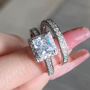 Wedding Ring Set 2ct 925 Sterling Silver Bridal Ring Sets Emerald Cut Cz Engagement Rings Vintage Promise Rings Sets Square Wedding Bands Multi Row Ring Eternity Engagement Ring Sets for Women （10）