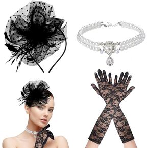 3 Pcs Fascinators Hats for Tea Party Headpiece with Pearl Choker Necklaces Black Lace Gloves, Pearl Gloves Vintage Hat for Women Black Veil for Funeral Derby Hat Dress Accessories Halloween Costume