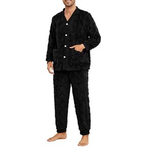 Vulcanodon Mens Plush Warm Pajama Sets Soft Fluffy Long Fuzzy Sleepwear with Pockets Cozy Loungewear Pjs Set for Men