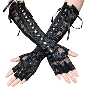 Latious Lace Up Fingerless Long Gloves Steampunk Elbow Length Gloves Halloween Arm Warmer for Women