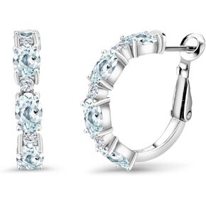 Gem Stone King 925 Sterling Silver Blue Sapphire and White G-H Lab Grown Diamond Hoop Earrings For Women (4.67 Cttw, Oval 6X4MM and Round 2MM)