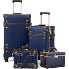 urecity Vintage Luggage Sets of 3 Piece - Hardside Lightweight Spinner Suitcases - Retro Travel Set includes Under Seat Train Case, Cosmetic Train Case, Navy