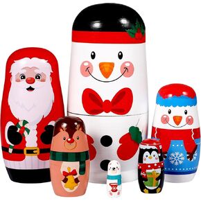 6 Pcs Christmas Nesting Dolls Handmade Wooden Stacking Dolls Russian Nesting Dolls Matryoshka Dolls Toy for Christmas Decoration Children Birthday Party Favors