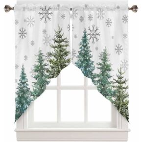 Christmas Swag Valance Curtains, Green Pine Tree Xmas Rod Pocket Kitchen Valance Curtains Winter Snowflake Scalloped Swag Curtains for Christmas Living Room Bathroom Window, 1 Pair, 28" W x 36" L